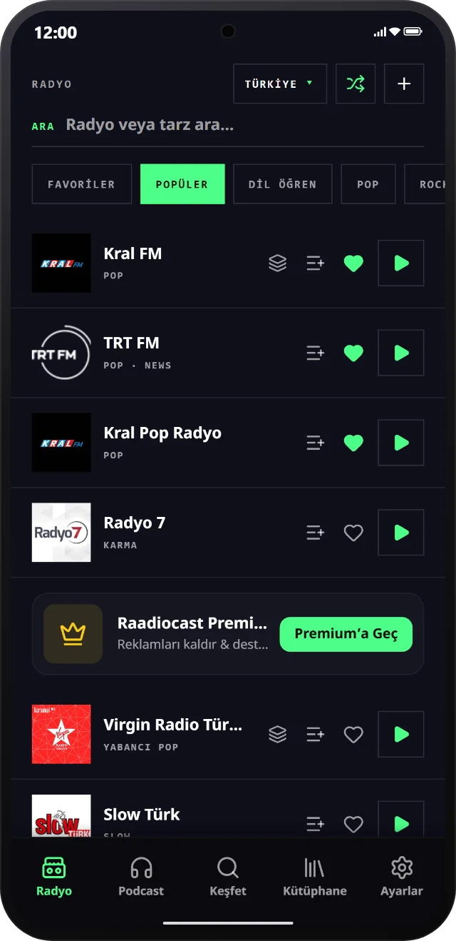 Raadiocast canlı radyo ekranı